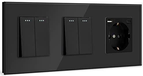 BSEED Doble Interruptor de pared con Enchufe Negro,2 Gang 1 Vía interruptor pared+16A Schuko Enchufe con 1 Puerto Tipo C y 1 Puertos USB,10A Interruptor de luz de botón pulsador