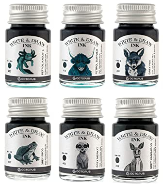 Octopus Write and Draw Ink Set MOUNTAIN, wasserfeste Tinte zum Schreiben und Zeichnen, Kalligraphietinte, Zeichentusche für Füllhalter, 6x10 ml