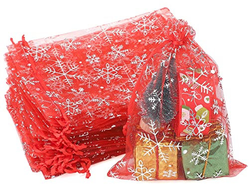 G2PLUS 13x18 cm Organzasäckchen Weihnachten, Rot Weihnachten Organzabeutel, 50 Stück Groß Geschenk Organzabeutel, Schneeflocke Organzasäckchen mit Kordelzug für Geschenk Weihnachten Deko