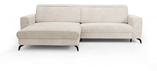 CAVADORE Ecksofa Bounce mit Cord-Bezug / Eckcouch mit Schlaffunktion, Bettkasten + Kopfteilverstellung / 290 x 88-108 x 178 / Breitcord, Creme-Beige