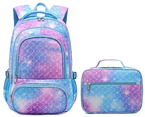BLUEFAIRY Mochila infantil con lonchera para niños y niñas, Sirena, 43,18 cm, Mochilas Daypack
