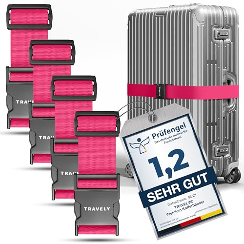Travely® Premium Koffergurt - Besonders Auffällig & Sicher - Inkl. 4 Namensschildern - Gepäckband ideal über Kreuz - [4er Set] - Pink