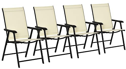 Outsunny Set of 4 Folding Garden Chairs, Metal Frame Garden Chairs Outdoor Patio Park Dining Seat with Breathable Mesh Seat, Beige
