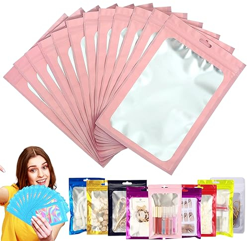 YAAVAAW Sacchetti in lamina rosa con chiusura lampo, piccoli sacchetti olografici in Mylar a prova di odore, 100 pezzi, richiudibili, in plastica trasparente, per conservare alimenti, gioielli, 7 x 10