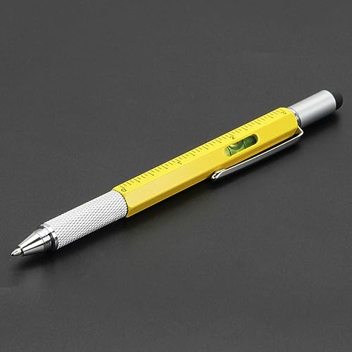 7 penne a sfera multifunzione con strumento manuale moderno, righello tecnico, cacciavite, touch screen, stilo, livella, giallo