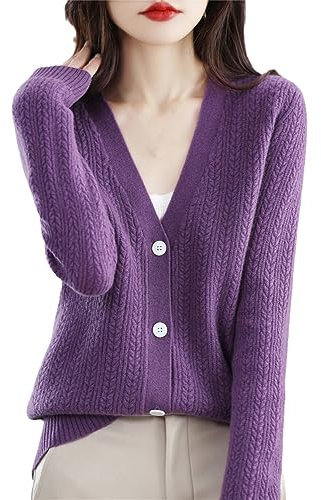 Primavera Autunno Torsione Fiore Scollo a V Cardigan Maglione per le Donne Solido Lana Merino Cash, Viola scuro, M