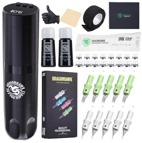 Dragonhawk Tattoo Maschine Set X3 Tattoo Maschine Kabellose Tätowiermaschine Rotary Tattoo Pen Gun 1500mAh Batterie Tattoo Nadeln Cartridges Complete Kit für Tattoo Anfänger