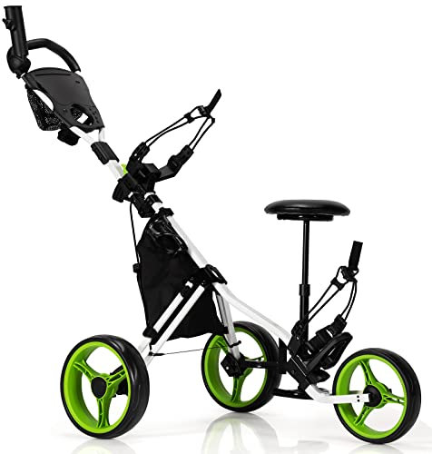 GYMAX Golf Push Pull Cart, Lightweight 3 Wheels Golf Trolley with Storage Bag, Foot Brake, Adjustable Umbrella Holder, Padded Seat and 4 Height Position Handle, Foldable Golf Bag Holder (Green)