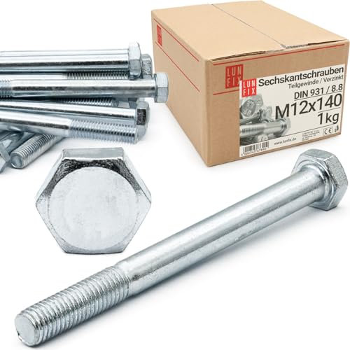 Viti a testa esagonale M12 x 140, DIN 931, 1 kg (circa 7 pz.), filettatura parziale, classe 8.8, viti filettate in acciaio zincato con testa esagonale, viti a 6 bordi con gambo, bullone filettato