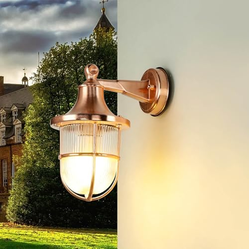 Licht-Erlebnisse Wandlampe Aussen Messing in Kupfer, Riffelglas, Außenleuchte Wand Lampe Maritim, IP64, E27, H:27 cm, Haus, Balkon Lampe, Außenlampe Laterne Nostalgie