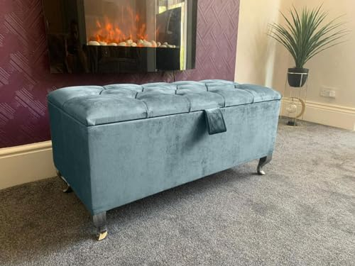 SK LUXURY LIVING Ottoman Storage Box - Engineered Wood Fabric Buttons Luxurious Plush Velvet Ottoman Storage Bench, Perfectly Designed Ottoman for Bedroom Storage (Duck Egg Plush, Legs)