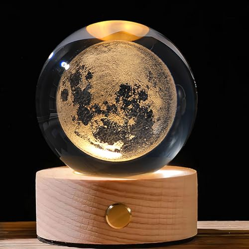 DAWRIS 3D Sonnensystem Kristallkugel mit LED Bunte Nachtlicht Basis, Kristall Ball Nachtlicht Kreative Nachtszene Astronomie LED Ball Lampe Solar System Nachttischlampe Kristallkugel Licht (Mond)