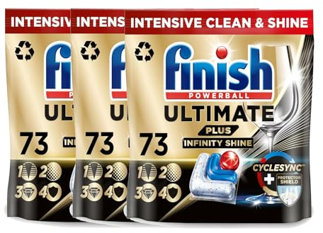 Finish Ultimate Plus Infinity Shine Spülmaschinentabs – Geschirrspültabs für intensive Reinigung, Fettlösekraft und Glanz mit Schutzschild – 219 Finish Caps (3x73 Caps)