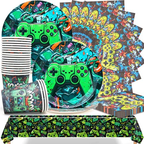 Huaxintoys Jeu Vidéo Fêtes Vaisselle - Ensemble de Fournitures de Fête de Jeu Comprendre 20 Assiette à Dessert, 20 Tasses, 20 Serviettes et 1 Nappes pour Gaming Vaisselle Thème Anniversaire (A4)