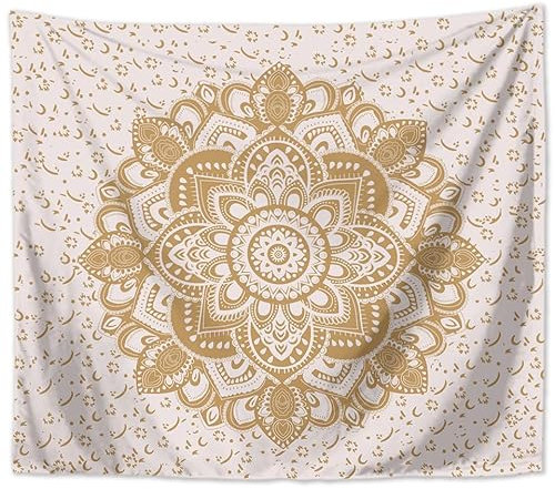 MT Majami Wandbehang Mandala indisch 200 x 150 cm Weiß Gold Polyester Wandtuch Wandteppich Tapisserie Retro