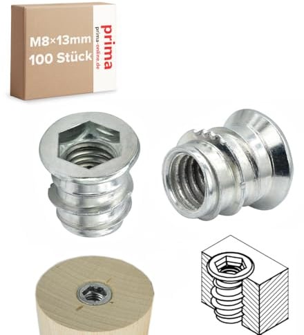 Einschraubmutter M8 x 13 mm – Einschraubmuffen/Eindrehmuffen aus verzinktem Stahl – Innengewinde für Holzbau & Möbelbau (100 Stück)