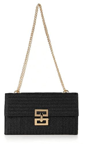 TOFBS Damen Stroh Clutch Quadratische Handtasche Gewebt Umschlag Tasche Dinner Schultertasche Kupplung mit Metallkette für Hochzeitsfeier Urlaub Party(Schwarz)