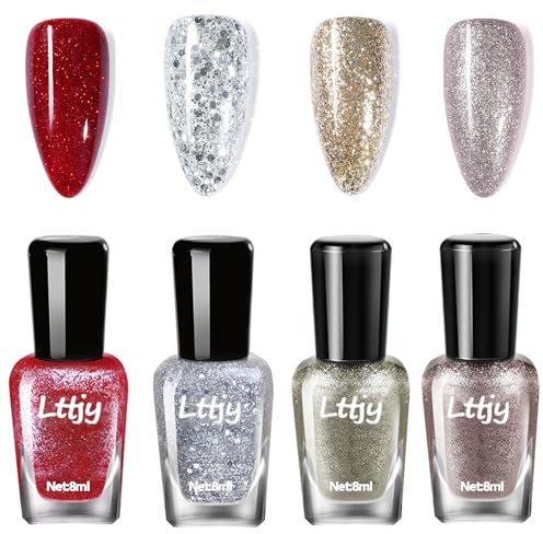Glitter Nail Polish Sets - 4PCS Nail Varnish Set - Quick Dry & Long Lasting Gold Silver Red Sparkle Nail Polish Shimmer Glitter Nail Gel No Need Cure Nail Paint for DIY Nail Art