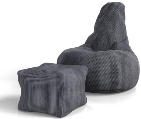 Juskys Sitzsack Chillex XL mit Hocker - Cord Sessel für Erwachsene - Füllung Memoryschaumstoff - Gaming & Lesesessel bequem - Bean Bag - Dunkelgrau