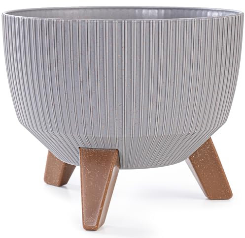 KONZEPT Macetero grande de 24 cm, gris, maceta con patas, resistente a la intemperie y a los rayos UV, con inserto de drenaje de agua, maceta para interior y exterior