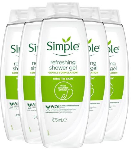 Simple Kind to Skin Refreshing Shower Gel, Pack of 5, Body Wash with Cucumber Extracts and Pro-Vitamin B5 Dermatologically Tested for Sensitive Skin, 675 ml
