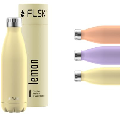 FLSK Trinkflasche – Premium Edelstahl Thermosflasche – 100 % auslaufsicher & kohlensäuregeeignet – hält 24 h kalt & 18 h heiß – BPA-frei (lemon, 500 ml)