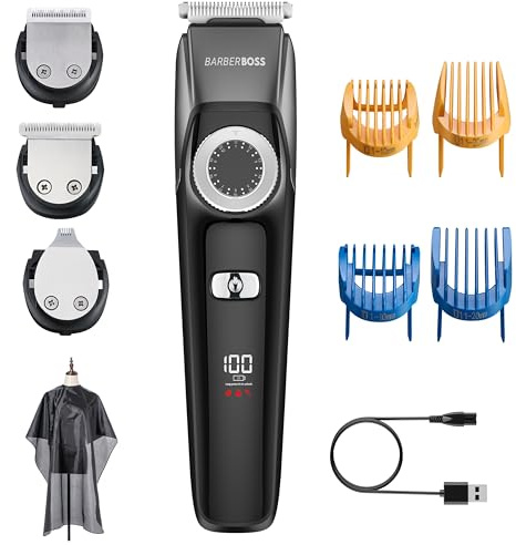 BarberBoss 3-i-1 ansiktstrimmer för män, hårtrimmer för män, skäggtrimmer, detaljtrimmer, precisionskontrollratt, 4 styrkammar, USB-laddningsbar, LED-display, 100% vattentät