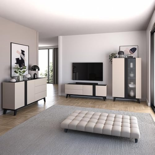 Lomadox Wohnzimmer-Set 3-teilig mit Lowboard, Higboard, Sideboard in Kaschmir mit schwarz modern Softclose grifflos Möbelfüße