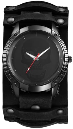 Avaner Uhren Herren Echtleder Steampunk: Halloween Armbanduhr Totenkopf Retro Herrenuhr mit Großem Zifferblatt Breites Abnehmbares Lederarmband Motorraduhren Vintage Analog Quarzuhr für Männer