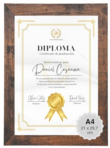 MARCOFOTO Marco de Fotos A4 Marrón Rústico (21x29,7 cm) Portafotos de Pared en MDF con Cristal - Ideal para Diplomas, Certificados, Pósters y Fotografías - Decoración Hogar y Oficina