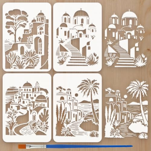 FINGERINSPIRE 4 Stück Santorini Architektur Schablone Mit Pinsel 21x29.7cm 4 Stile Stadt Malschablonen Im Santorini Stil Architektur Themenvorlage Zum Malen Auf Holz Wandmöbeln