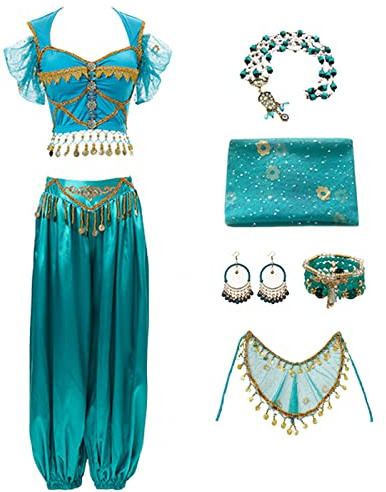 AYIMEIS Damen Jasmin Kostüm mit Zubehör Prinzessin Aladdin Kostüm Arabische Prinzessin Jasmin Verkleidung Bauchtanz Outfit Halloween Karneval Party Bühnenauftritt Cosplay für Erwachsene