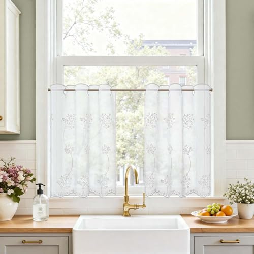 TOPICK Scheibengardine Bistrogardine 2er Set Gardinenschals H60xB65 Weiß | Lichtdurchlässig Küchengardinen für Küche modern Kurzgardine Wohnzimmer Küchenfenster Fensterschal Landhausstil Küchevorhänge