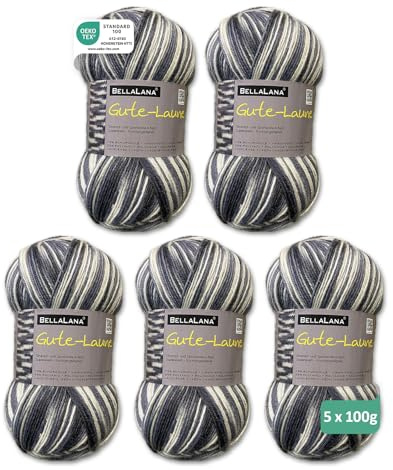 BellaLana Sockenwolle Gute-Laune - 4-Fädiges Sockengarn zum Stricken & Häkeln - Farbverlaufswolle - 75% Schurwolle, 25% Polyamid - Lauflänge 420m/100g - Nadelstärke 2,5-3, 5 x 100g - Grau-Weiß
