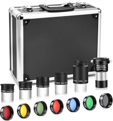 Astromania 14 Piece Telescope Accessory Kit 1.25 Inch Telescope Eyepiece and Filter Set Deluxe Version, 5pcs Plossl Eyepiece Set, 6pcs Colored Filter Set, Moon Filter, 2X Barlow Lens&Sturdy Carry Case