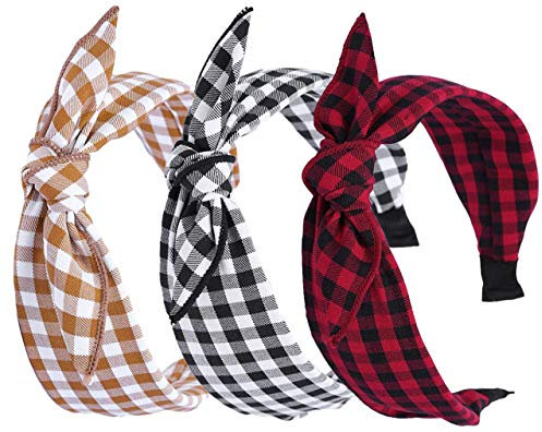Qiabao Damen Vintage karierte Häschen-Ohren Stirnband Headwraps Haarband mit Schleife Einheitsgröße 3 Pack