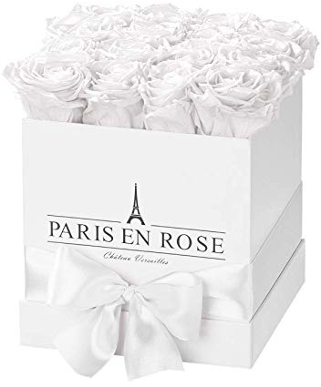 PARIS EN ROSE Rosenbox ECKIG | mit 12 weißen Infinity Rosen Größe XL | eckige, weiße Box mit Schleife | ewige Rose | 3 Jahre haltbar | Grußkarte