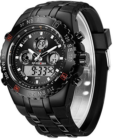 GOLDEN HOUR Huge Heavy Military Sports Watches for Men, 3ATM Waterproof, Stopwatch, Date and Date, Alarm, Luminous Digital Analog Wrist Watch with Rubber Band in Black