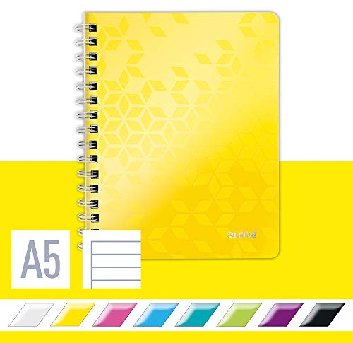 Leitz WOW Collegeblock in A5 Format, 80 Blatt, Liniert, Elfenbeinfarbiges Papier (80 g/m2), Spiralbindung, Gelb, WOW, 46390016