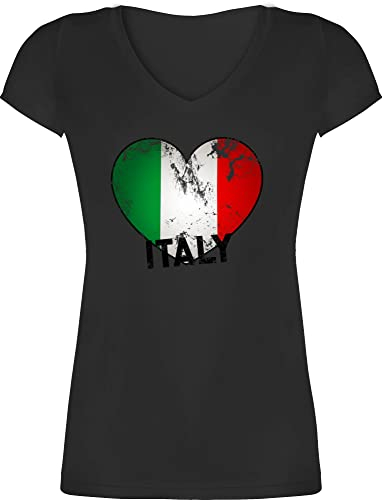 T-Shirt Damen V Ausschnitt - Länder Fahnen und Flaggen - Italien Herz Vintage - 3XL - Schwarz - t- Shirt mit Italienischer Fahne für Frauen Country Italy Tshirt triko Oberteil Italia Fanshirt
