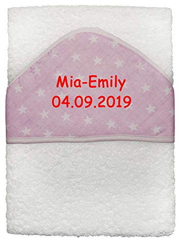 Feenstickerei Kapuzenhandtuch mit Namen Bestickt 100x100 cm Geschenk zur Taufe zur Geburt Hase Hund Bär Stern Pirat Giraffe, Interbaby Handtuch:Sterne 1129BCO-ROSA