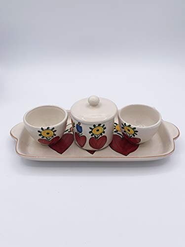 Amarcord Kaffee-Set 2 Tassen mit Zuckerdose aus Keramik, handgefertigt und handbemalt mit Herz-Design