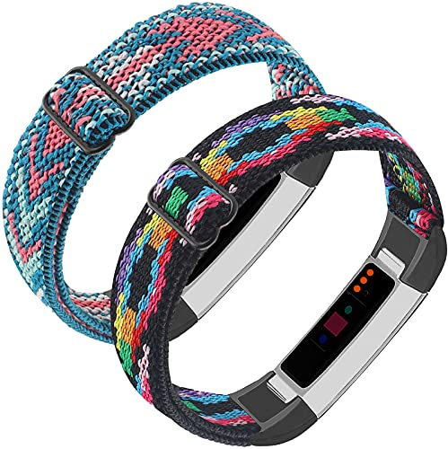 Verstellbare, elastische Nylonbänder, kompatibel mit Fitbit Alta und Alta HR Fitness-Tracker, 2 Stück, geflochtenes, Uhrenarmband, Sport-Ersatzband für Damen und Herren (bunter Digital/Smaragdpfeil)
