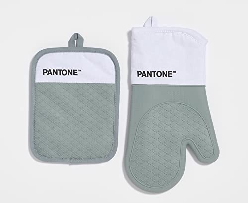 Pantone™ – Juego de Cocina Compuesto por Guante de Horno + agarrador, de algodón con Agarre Antideslizante de Silicona – Útiles Accesorios de Cocina Resistentes al Calor hasta 250 °C, Blanco/Gris