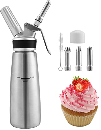 Yakimz Sahnespender Aluminium/Edelstahl Sahnesyphon, 0,5 L Mit 3 Edelstahl Deko-Düsen und Reinigungbürste für die Zubereitung von Schlagsahne, Creme, Mousse (1x Edelstahl Sahnespender, Edelstahl)