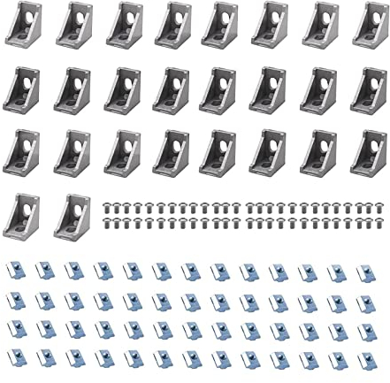 iMetrx 26Pcs 2020 Corner Brackets Set with 52Pcs M5 T Slot Nuts, 52Pcs M5x8mm Hex Socket Cap Screw and 2Pcs M3 Wrench for 2020 Series Aluminum Extrusion Profile Silver