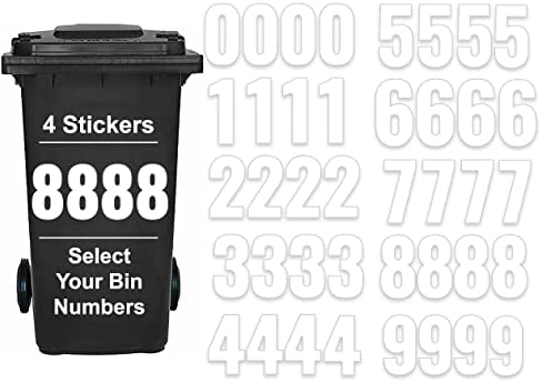 Pack of 4 Plain White Wheelie Bin Numbers Stickers - 8 Waterproof (17 cm) Labels for Wheelie & Garbage Bins Packwith®