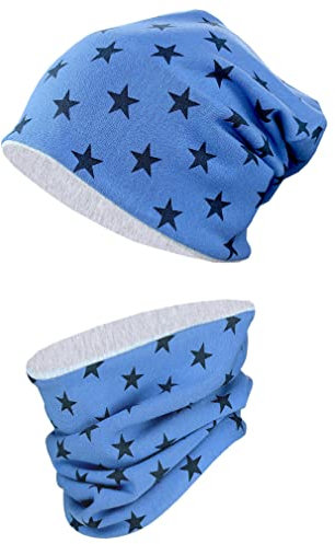 TupTam Unisex Kinder Beanie Mütze Schlauchschal Set, Farbe: Graue Sterne/Jeans, Größe: 54-56