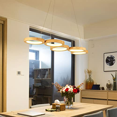 LED Pendelleuchte Dimmbar Holz Hängeleuchte Esstisch Pendellampe Höhenverstellbar Modern Einfach Rund Kronleuchter mit Fernbedienung für Schlafzimmer Wohnzimmer Esszimmer Küche (5 Ringe L90cm)