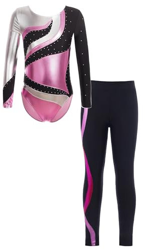 JanJean Kinder Mädchen Gymnastikanzug Langarm Turnanzug Ballettanzug mit Leggings Sport Hose Strass Tanzbody Gllitzer Turnbody Trainingsanzug Rosa 134-140